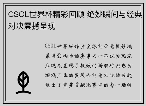 CSOL世界杯精彩回顾 绝妙瞬间与经典对决震撼呈现