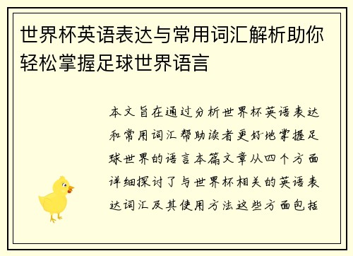 世界杯英语表达与常用词汇解析助你轻松掌握足球世界语言