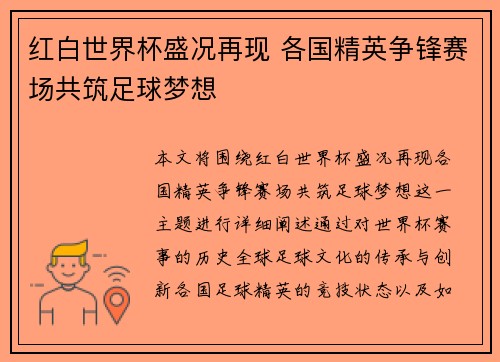 红白世界杯盛况再现 各国精英争锋赛场共筑足球梦想